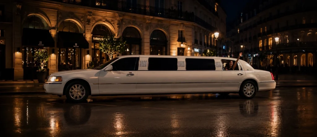 Witte limousine van Party Ride in een verlichte straat