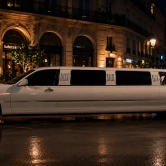 Witte limousine van Party Ride in een verlichte straat