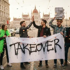 vriendengroep-met-takeover-banner-tijdens-the-takeover-games-in-boedapest